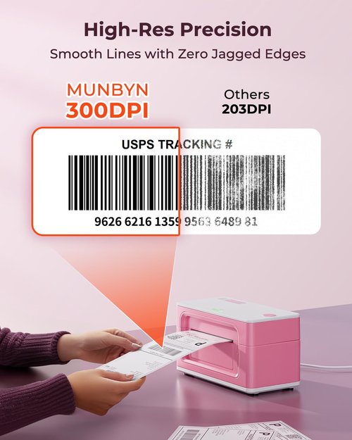 MUNBYN Bluetooth Thermal Label Printer - Wireless 300DPI 4x6 Shipping Labels | Compatible with Windows, Mac, iPhone, Android (Pink)