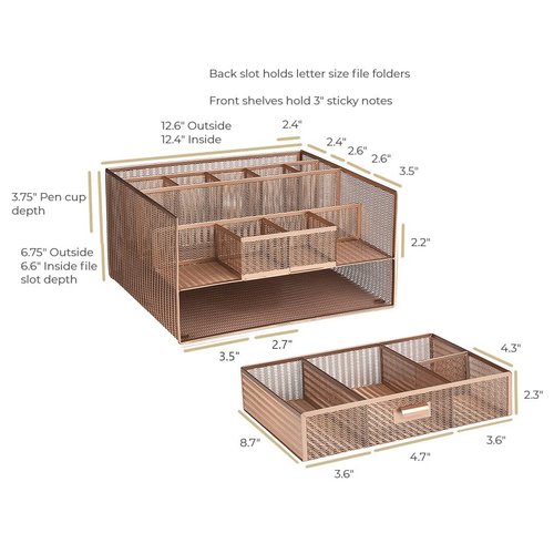 BLU MONACO Large Rose Gold Desk Organizer with 12 Compartments & Drawer – Office Supplies & File Holder, Desk Storage & Workspace Organizer