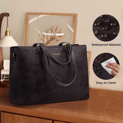 LOVEVOOK Laptop Tote Bag, 15.6 inch Vegan Leather Work Bags for Teacher Commuter Business, Large Waterproof Computer Purse Office Bag, Black Coffee