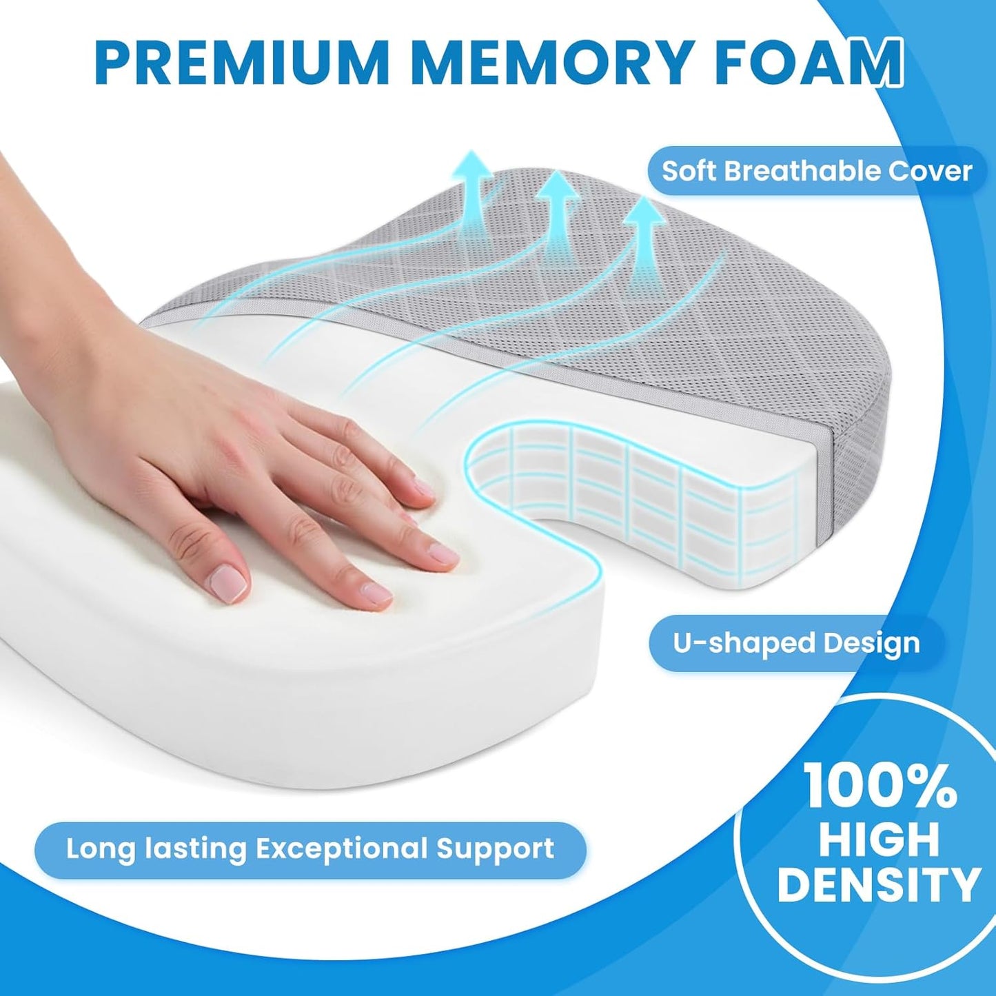 TushGuard Memory Foam Seat Cushion - Non-Slip Tailbone Pain Relief Pad for Office & Car | Light Grey, XX-Large