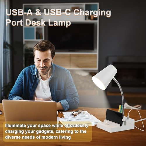LALISU LED Study Desk Lamp - Gooseneck Design with USB Charging & Stepless Dimming | White
