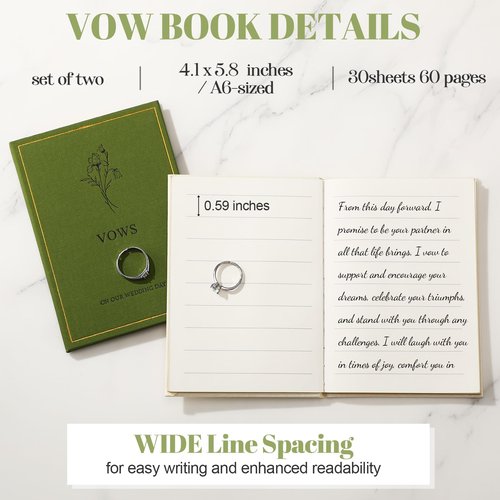 Engrowtic Set of 2 Wedding Vow Books His and Hers Vows on Our Wedding Day Notebooks with Gold Foil Fabric Cover 5.8"x 4.1" Bride and Groom Gift for Newly Engaged Couple, 60 Lined Pages(Green, Beige)
