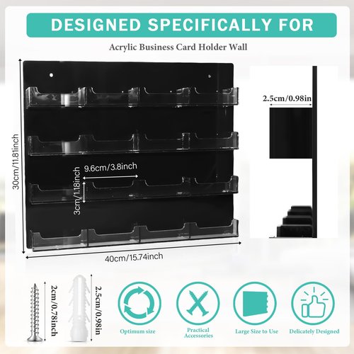 2 Pcs Acrylic Business Card Holder with Hanging Hardware Black transparent Acrylic 16 Pocket Business Vertical Organizer Wall Mount Sticker Display Rack Pre Drilled Organizing Stand for Office Home