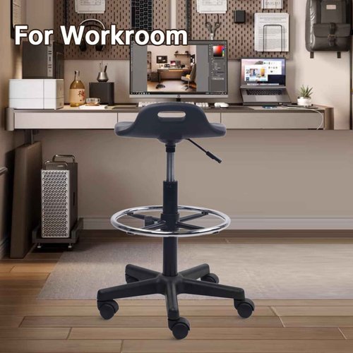 KLASIKA Drafting Rolling Stool Adjustable Height with Foot Rest Breathable Seat Cushion Swivel Stools with Wheels, Multi-Purpose Work Stool for Shop, Task, Salon, Black, 1 Pack
