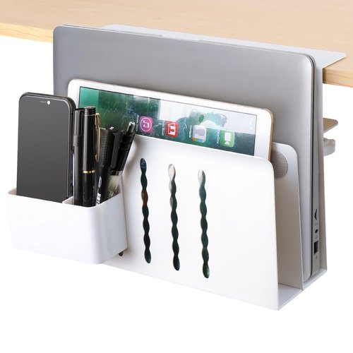 Henitol 2 TIER Desk Side Storage Upgraded Under Desk Organizer, No Drill Hanging Laptop Holder Under Desk, Clamp-On Table Side Tray Steel Desktop Organization for Office and Home (White)