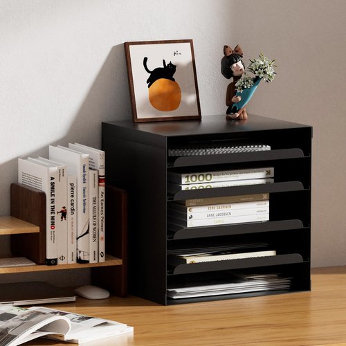 BOTALEGRE Desktop File Sorter with 4 Adjustable Shelves, Metal Desk Organizer, 12.6 x 12.6 x 9.85 inches (Black)