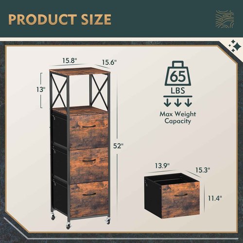 Vestibk 3 Drawers File Cabinet, Vertical Filing Cabinets for Home Office, Drawer with Adjustable Hanging Rail, A4/Letter Size Hanging File Folders, Open Shelf, Mobile Printer Stand, Rustic Brown
