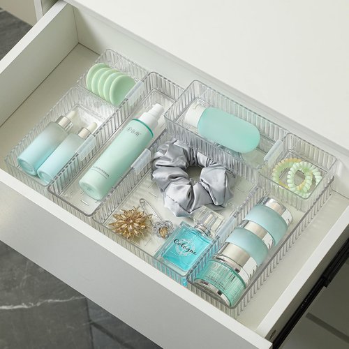 Swuj Clear Drawer Organizer Bins 7 pc Set, 4-Size Stackable Trays for Makeup Vanity Drawers, Bathroom Drawer Organizer Storage Containers for Cosmetic, Office Supplies