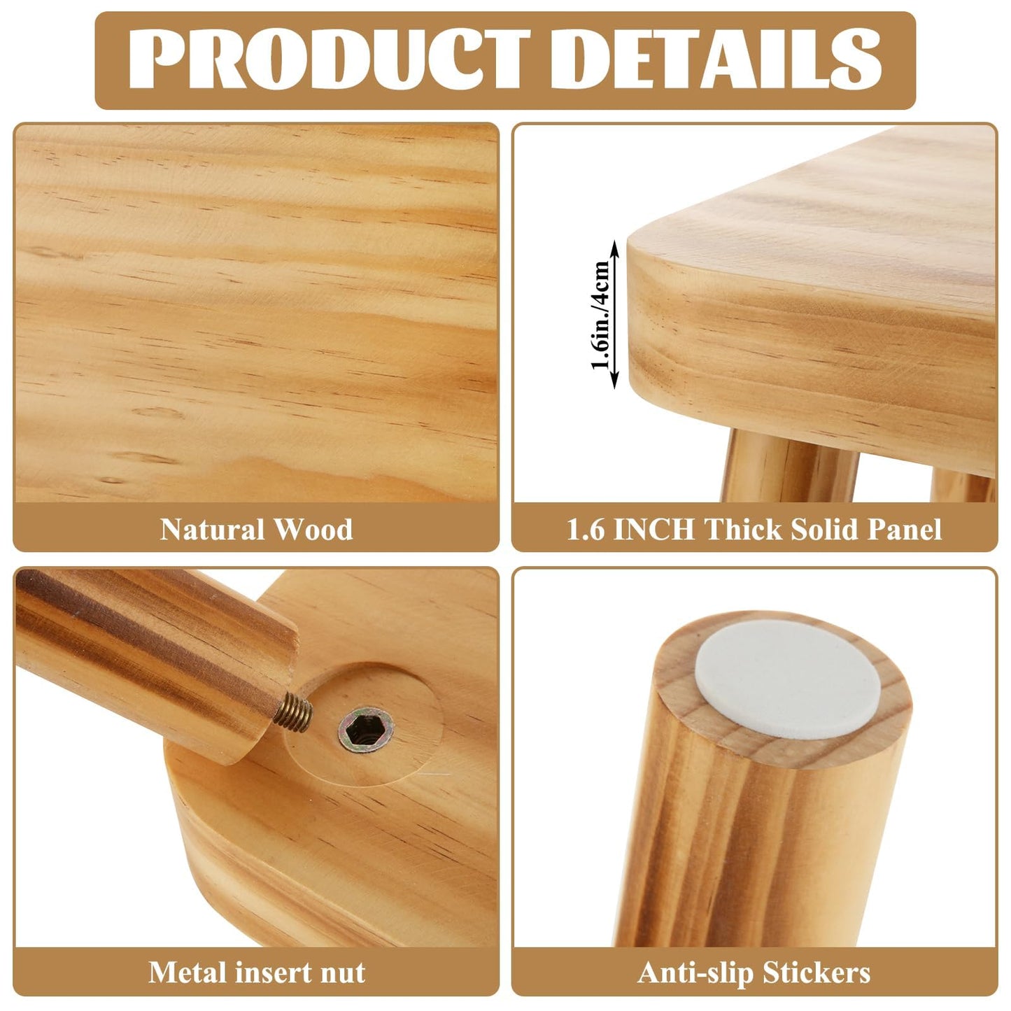 Oungy 8 Inch Wooden Step Stool, Small Step Stool for Adults with Detachable Legs, Pine Wood Stool with Non-Slip Foot Pads, One Step Stool for Kitchen Bathroom Bedroom & Bedside 220 lbs