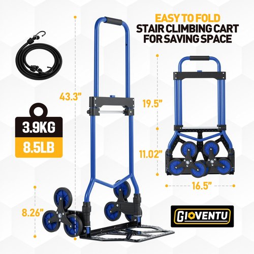 Upgraded Stair Climbing Dolly Cart, 300LB Folding Stair Climber Hand Truck with Telescopic Handle & Silent Wheel, Stair Climber Trolley Dolly with Elastic Rope for Moving, Luggage, Office, Blue