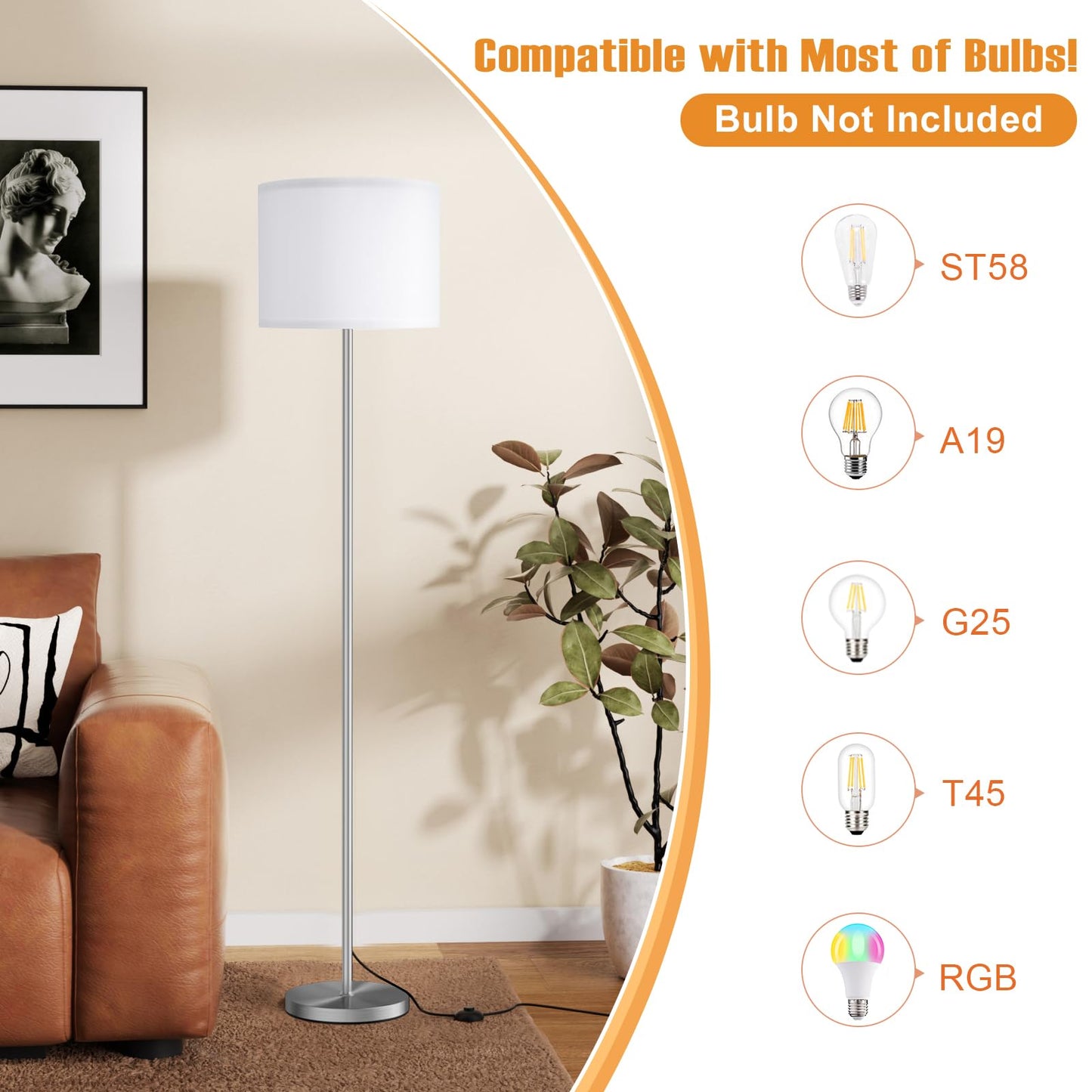 Ambimall 60'' Modern Floor Lamp with Shade, Tall Lamps for Living Room, Bedroom, Office, Dining Room, White Shade with Silver Pole(Without Bulb)