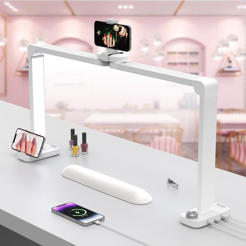 DLITISH Nail Desk Lamp for Nail Tech, Foldable 34in 48W Half Moon Light with Phone Holder and USB Charging Port, 3 Color Temperature Dimmable LED Desk Light (White)
