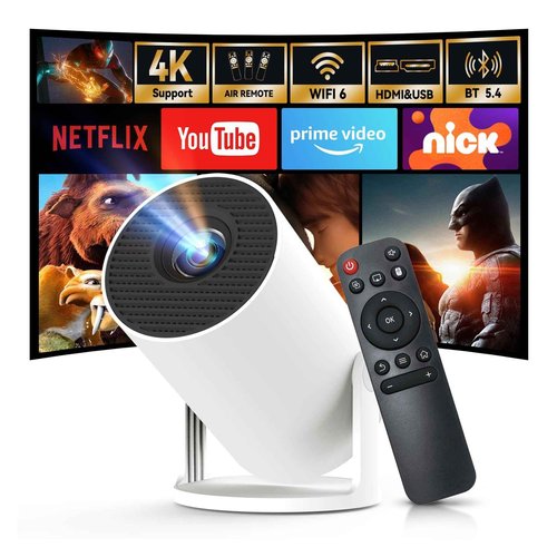 [Built-in Apps & 2025 Upgraded] Mini Projector with Wi-Fi 6 & Bluetooth 5.4, 1080P 4K Support Full HD, Auto Keystone 360° Portable Home Cinema Smart Projector for iOS/Android OptiBarrel 500