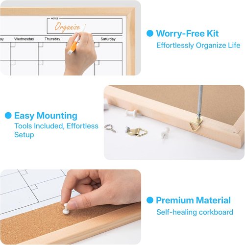 OWLKELA Magnetic Dry Erase Calendar & Cork Board - 17 x 13 Wall Organizer for Home, Office, School