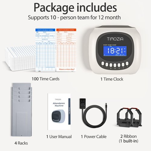 TIMOZIA Time Clocks for Employees Small Business, Auto-Align Time Clock, 6 Punches per Day Time Machine, Clock in Machine for Employees with 100 Time Cards, 2 Ink Ribbons and 4 Racks(Military time)