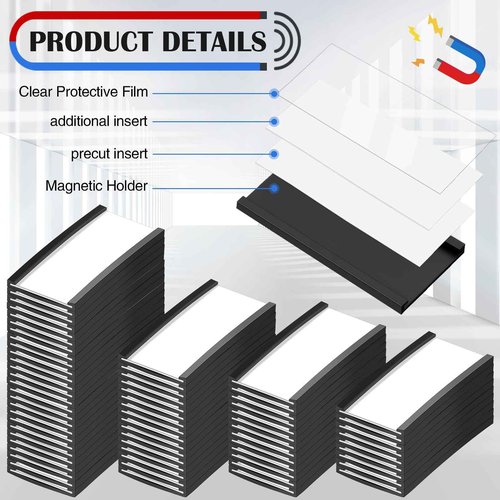 Gueevin 200 Pcs Magnetic Label Holders Bulk 4 x 2 C Channel Label Holder Magnetic Data Card Holders with 200 Pcs Clear Plastic Protectors 400 Pcs Paper Inserts for Name Tag File Cabinet Shelf