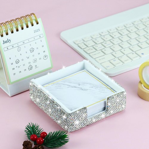 MultiBey Rhinestone Sticky Note Holder, 4 x 4 Inches Post it Note Dispenser Cute Self Sticky Note Pad Holder, Bling Sticky Memo Holder for Desk Office Home Supplies (Silver)