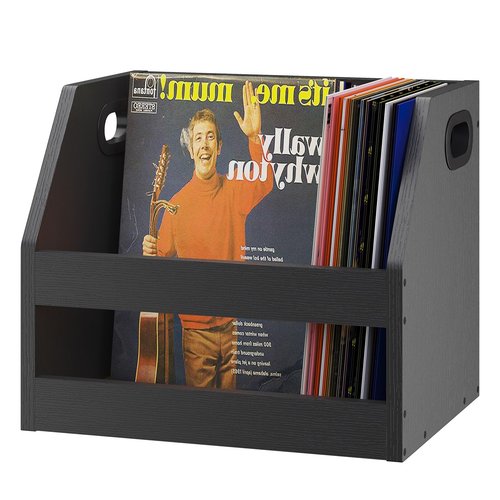 YMYNY Record Storage Holder, Vinyl Album Box Crate with Handle, Book Shelf Desktop Organizer Trapezoidal LP Record for Folders, Books, Photo Albums, Black,14.96*11.42*11.42" UHCD001B