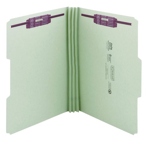 Smead Pressboard Fastener File Folder with SafeSHIELD Fasteners, 2 Fasteners, 1/3-Cut Tab, 3" Expansion, Legal Size, Gray/Green, 25 per Box (19944)