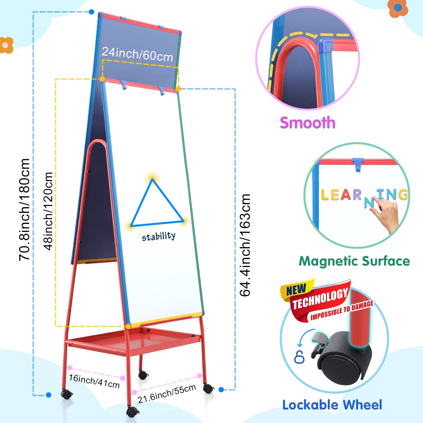 Mobile Whiteboard on Wheels 48x24 in Rolling Classroom Easel for Teaching