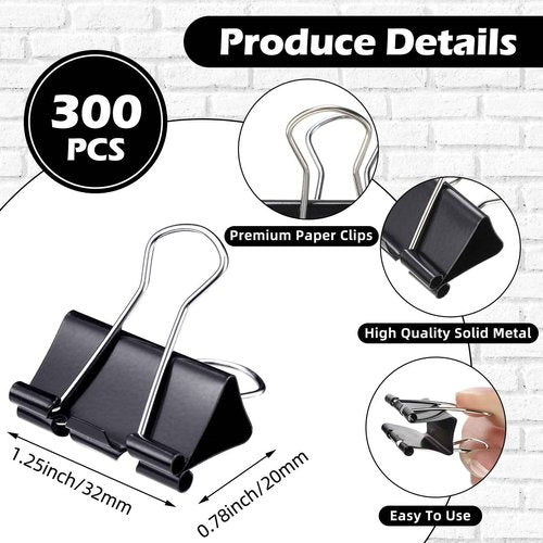 Yexiya 300 Pcs Medium Binder Clips Sturdy 1.25 Inch Black Paper Med Clips Office Supplies Paper Clamps for Office Teachers Students School Business Paperwork Supplies