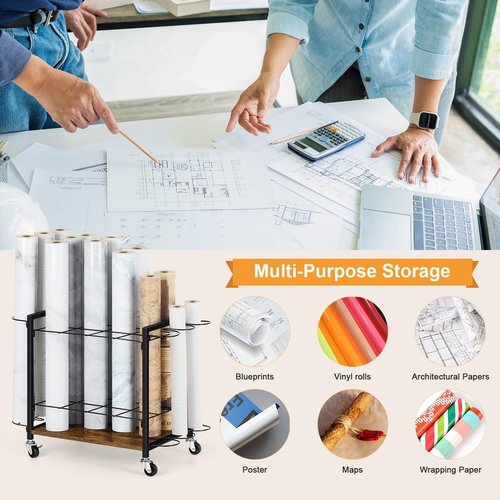 Blueprint Storage Rack Cart, 18 Slots Blueprint Holder with Wheels, Vinyl Roll Holder for Map Poster Architectural Construction Plan, Roll File Organizer for Home, Office, School, Rustic Brown