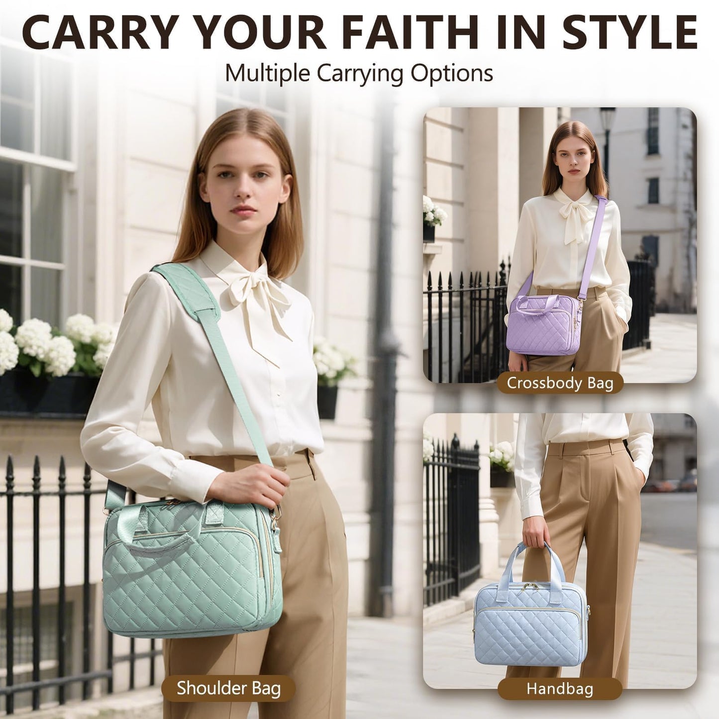 Bible Cover Case for Women, Large Bible Bag Bible Study Supplies Accessories Journaling Kit with Highlighters Tabs, Quilted Book Carrying Cases with Shoulder Strap, Christian Easter Gifts for Women