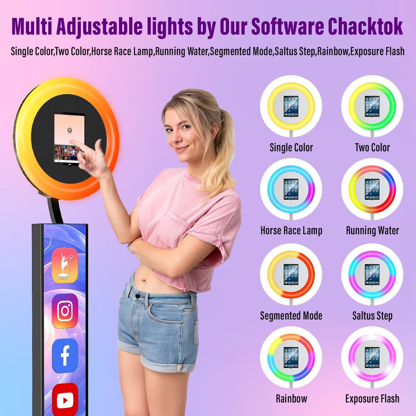JIYANG Portable Photo Booth Compatible with Any Ipad,Photo Booth Stand Shell with ChackTok PhotoBooth VIP Member and Flight Case,Free Custom Logo,Perfect for Parties,Wedding and Events(Black)
