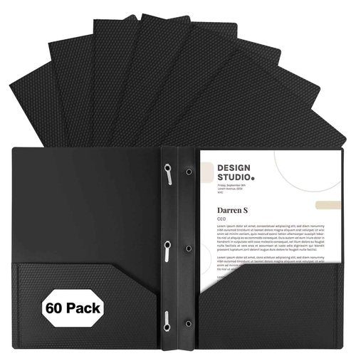 EEHZTSI 60-Pack Plastic Folders with Pockets and Prongs, 2-Pocket Folders with 3 Fasteners, Holds 8-1/2" x 11" Paper, Black
