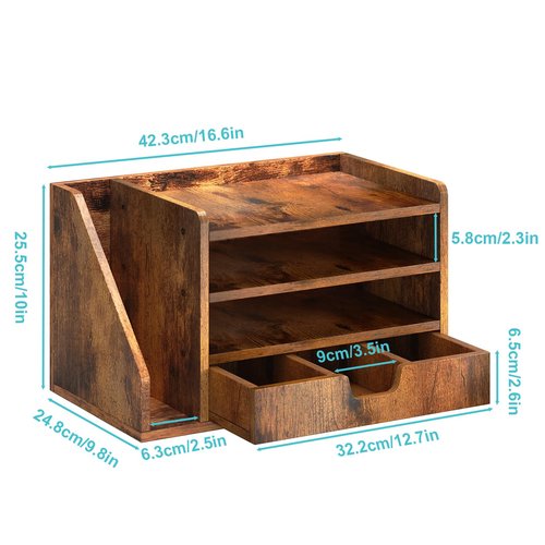 NiOffice Wood Desk File Organizer with Side File Rack, Space-Efficient Design Easy to Assemble for Efficient Office Setup, Reduces Desk Clutter (Brown)