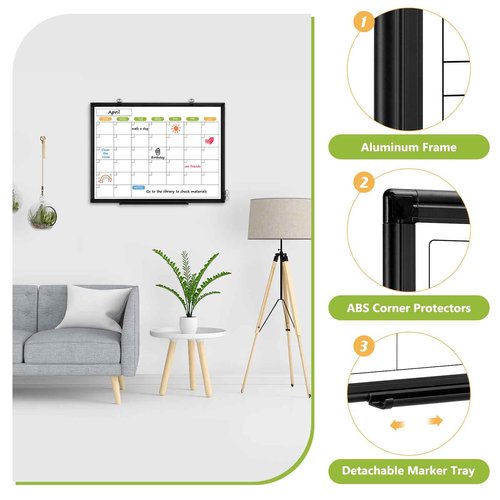 Dry Erase Calendar Whiteboard for Wall, 36" x 24" Double-Sided Magnetic Monthly WhiteBoard Calendar Dry Erase, Wall Hanging Aluminum Frame with Tray for Home, School, Office
