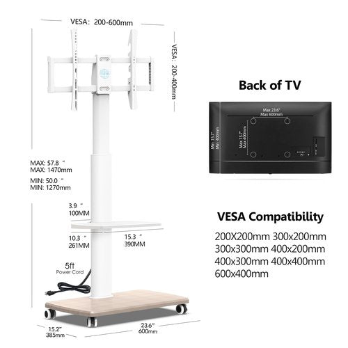 FITUEYES Rolling TV Stand with Power Outlets, Swivel Portable TV Stand for 32-70 Inch LCD LED OLED Flat/Curved Panel Screen TVs, Height Adjustable&Wood Base, Mobile TV Cart with Shelf