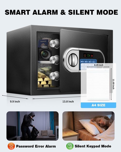 Skiennix 1.3 Cu Ft Home Safe Box - Steel Electronic Lock with USB-C Emergency Unlock & Fireproof Bag - Fits A4 Documents