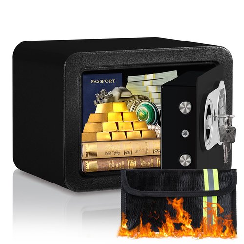 0.23 Cubic Feet Safe Box, Small Safe W/Fireproof Bag, Keys & Pass Code, Digital Electronic Security Money Box for Cash, Document, Home, Office, Hotel Use, Black, 6.69"D x 9.06"W x 6.69"H