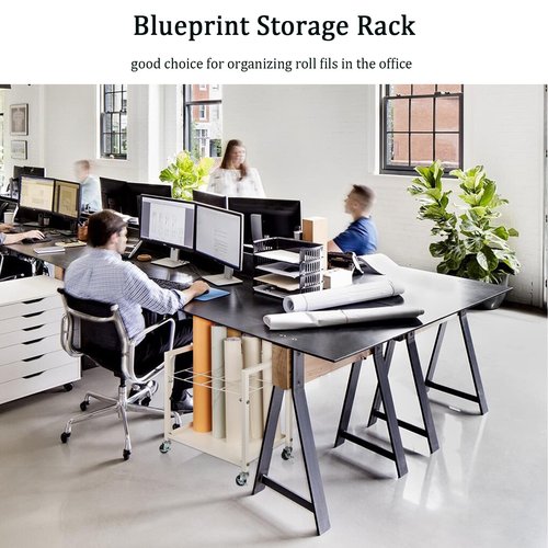 Cathyeen Blueprint Storage Rack and Holder - Metal Cart With Wheels, 12 Slots Roll File Holder for Home, Office, School - Poster and Architectural Storage (White)