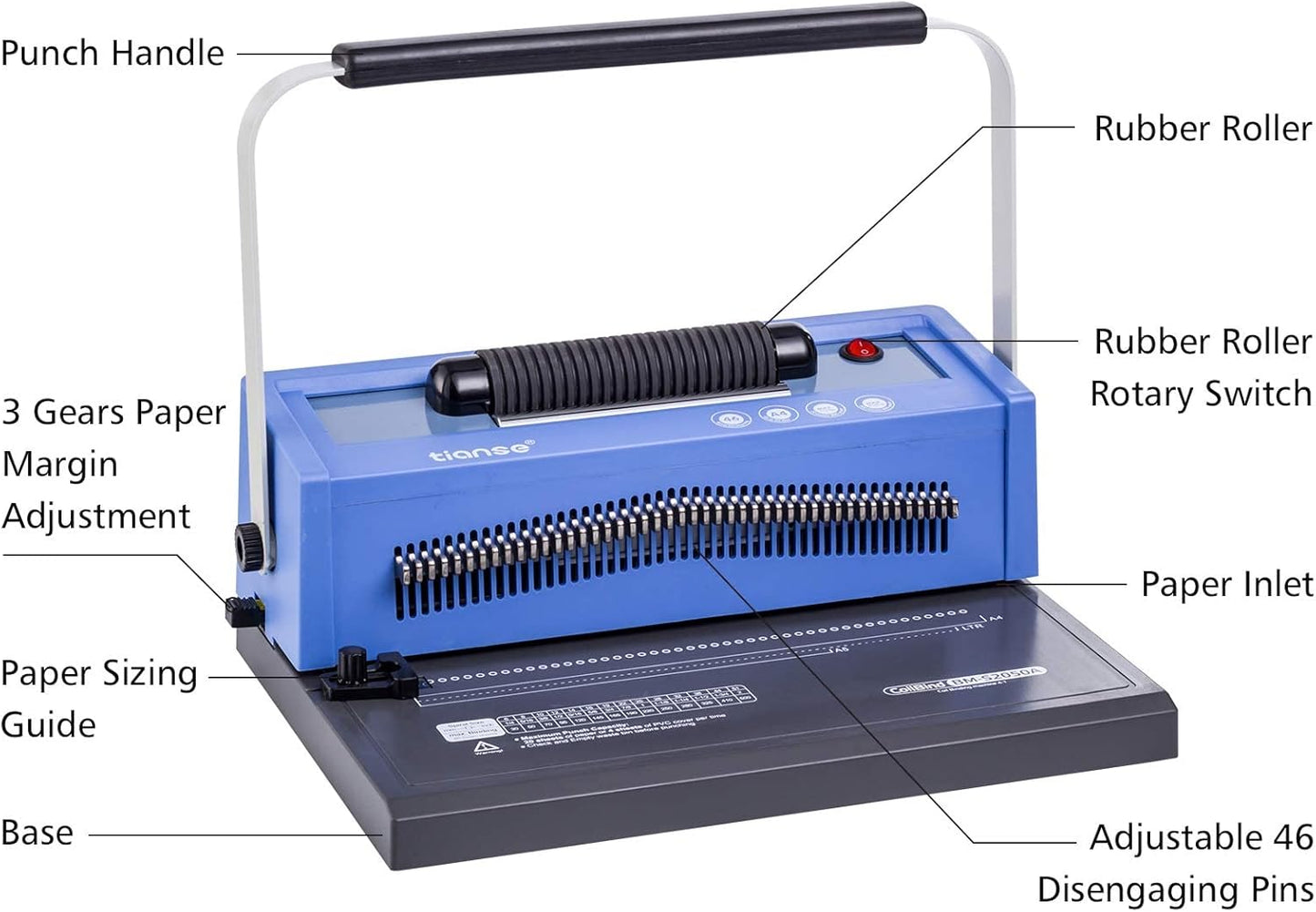 TIANSE Manual Spiral Coil Binding Machine - Electric Inserter, Adjustable Margin & 100 Plastic Spines