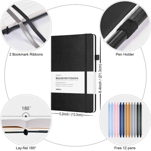 OMEYA 12 pack Journal Notebook, Classic Hardcover Lined Notebooks with 120GSM Premium Thick Paper, College Ruled Faux Leather Journal with Pocket 5.2 x 8.4 in-Multicolor