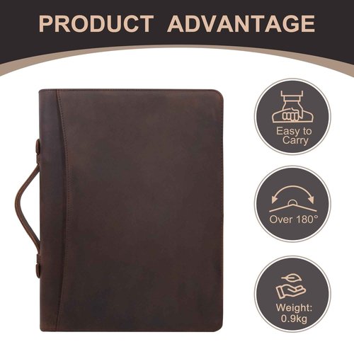 Calfinder Genuine Leather Portfolio Binder with Zipper and Handle, Padfolio for Women&Men, Personalized Gift for Professionals,Business Portfolio Notebook,Resume A4/Pad,Dark Brown