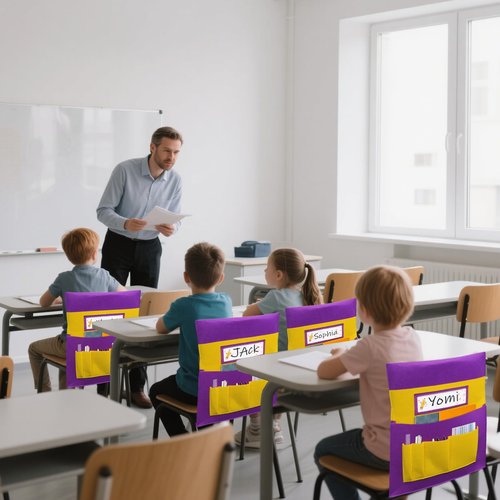 Icegrey 12 Pack Felt Chair Back Pocket School Seat Chair Storage Pocket Organizer with Label Slot Multiple Pockets for School Home Classroom Kindergarten, Black