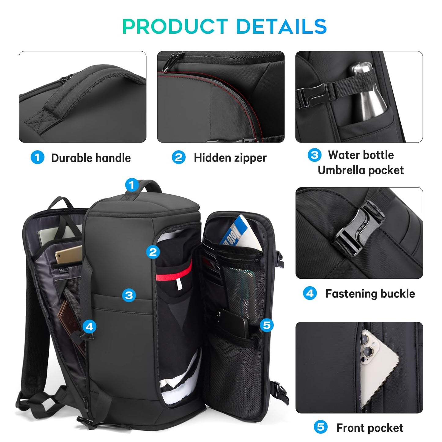 BANGE 40L Travel Backpack with Shoe Compartment, Large Capacity Weekender Bag Daypack Fits 17.3 Inch Laptop, Carry-on Luggage Backpack with Water Bottle Holder for Traveling, Hiking, Business