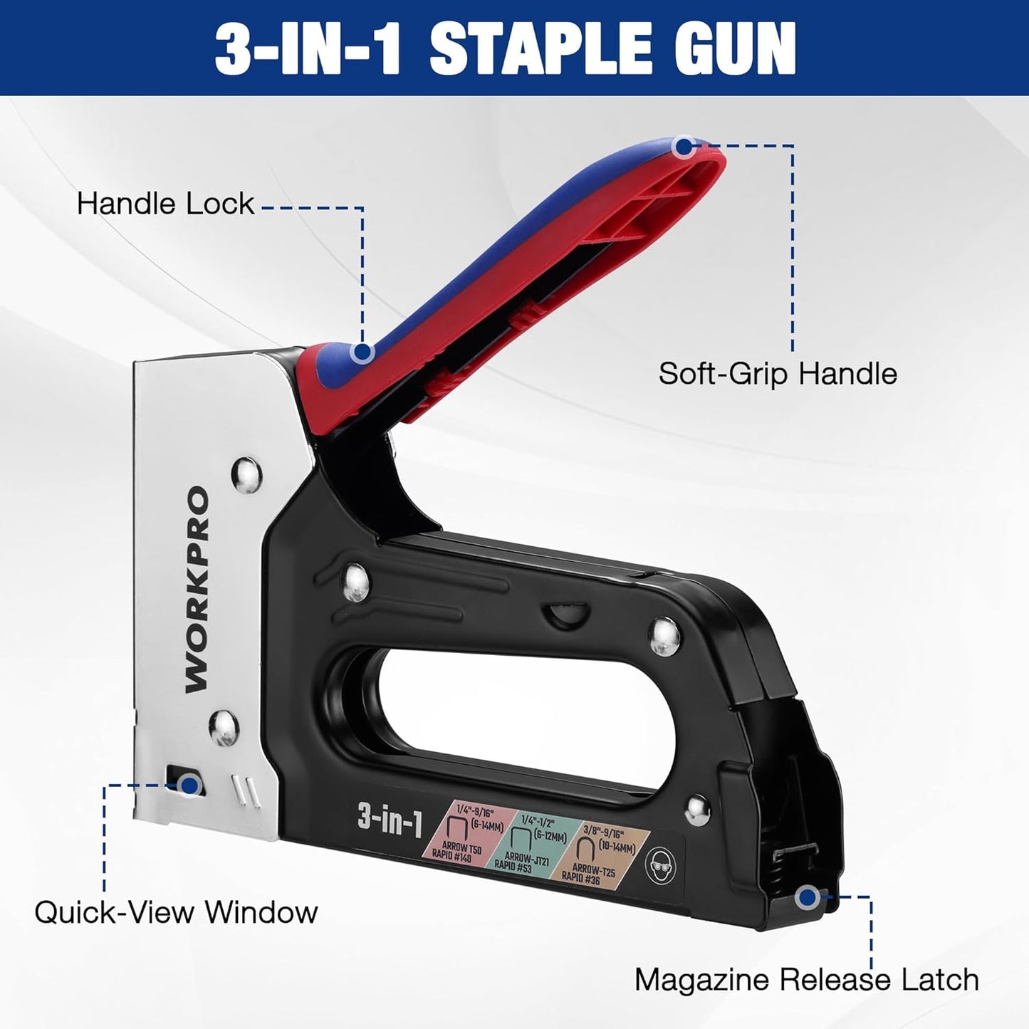 WORKPRO Heavy Duty Upholstery Staple Gun - 3-in-1 Manual Brad Nailer with 3000 Staples for DIY Projects