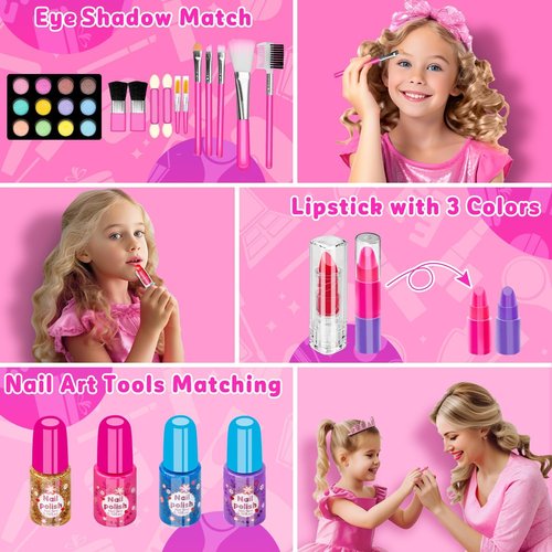 Hollyhi Kids Makeup Kit - 58 Pcs Real Washable Cosmetic Set with Mirror | Perfect Birthday Gift for Girls Ages 3-12 (Rose)