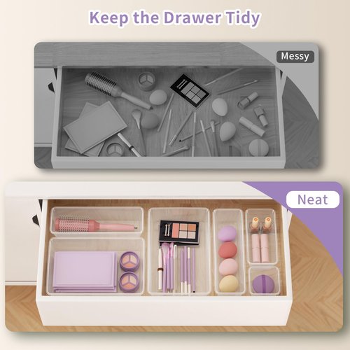 klyoca 22 PCS Clear Drawer Organizer Set, 4-Size Vanity and Desk Drawer Organizer Trays with Non-Slip Silicone Pads, Plastic Storage Bins for Makeup, Jewelry, Bathroom, Office, Fridge, Kitchen