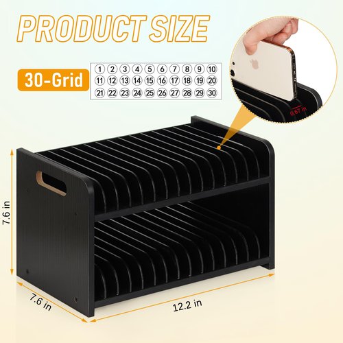 Ozzptuu Cell Phone Storage Classroom Cell Phone Holder Adjustable Wooden Multiple Rack Caddy Organizer Box for Classroom Office Desktop with 1-30 Number Stickers (30-Grid) (Black)