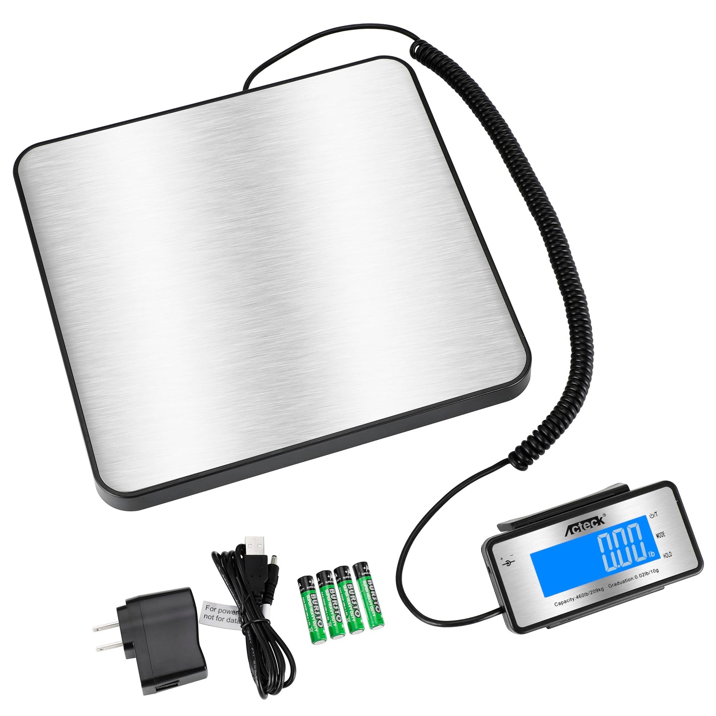ACTECK Digital Shipping Postal Scale, 460 lb x1oz High Accuracy with Stainless Steel Platform, LCD Backlight, Four Reading Modes, Tare/Hold Function, Battery AC Adapter Incuded