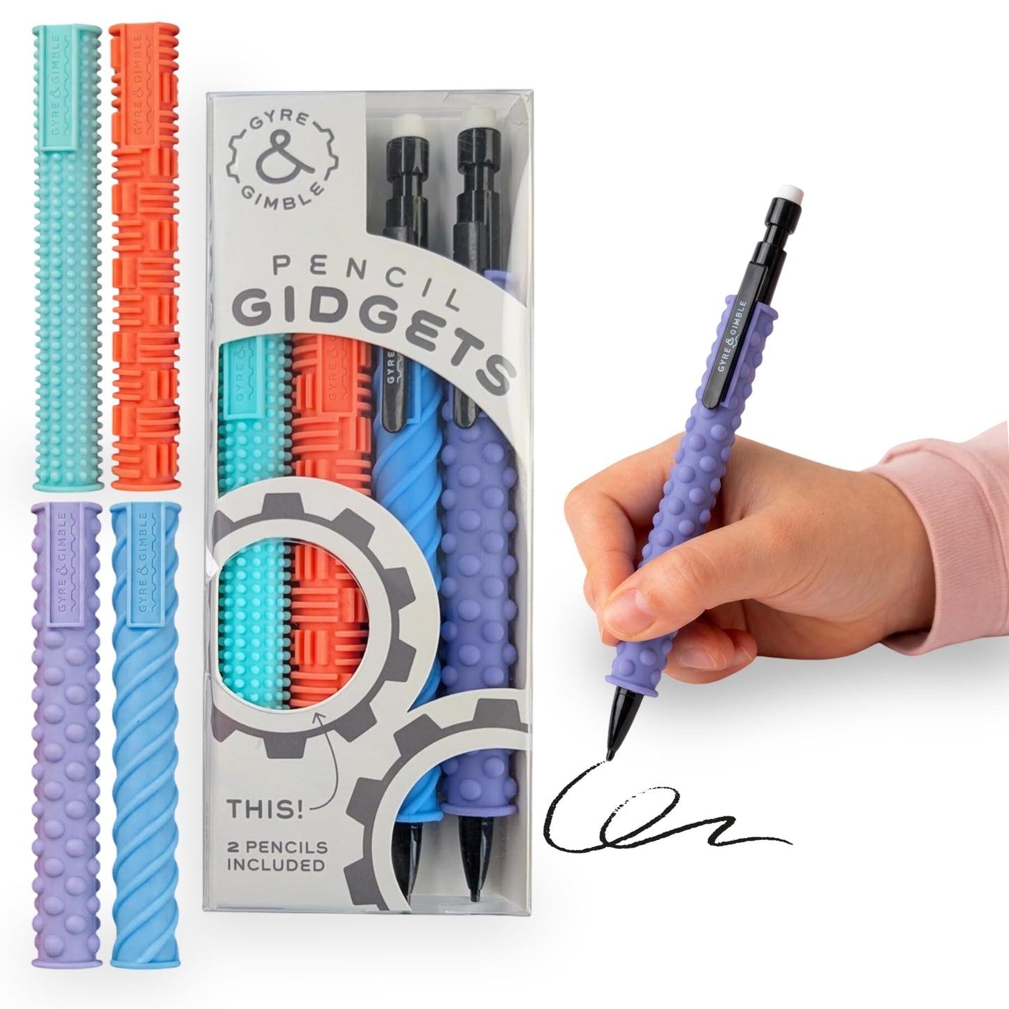 Gyre & Gimble Pencil Gidgets – Textured Silicone Pencil Sleeve for Quiet Fidgeting – Transform Your Mechanical Pencil into a Sensory ADHD Tool for Kids and Adults – 4 Sleeves & 2 Pencils