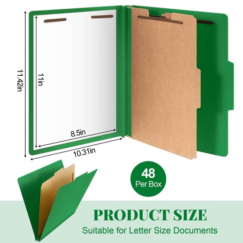 Skyygemm 48 Pcs Classification Folders Letter Size, Back to School Supply for Teacher, Student, 1 Divider Pressboard File Folder Bulk with 2 Fasteners, 3.5 Inch Expanding File Organizer (Dark Green)