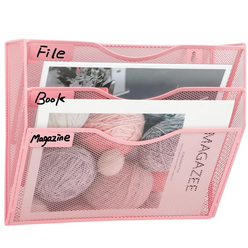 Heavty 3 Pocket Wall File Holder Organizer, Mesh Hanging Wall Mounted Document Paper Folder Filing Magazine Rack with Nametag Label for Office Home School, 3 Tier Pink