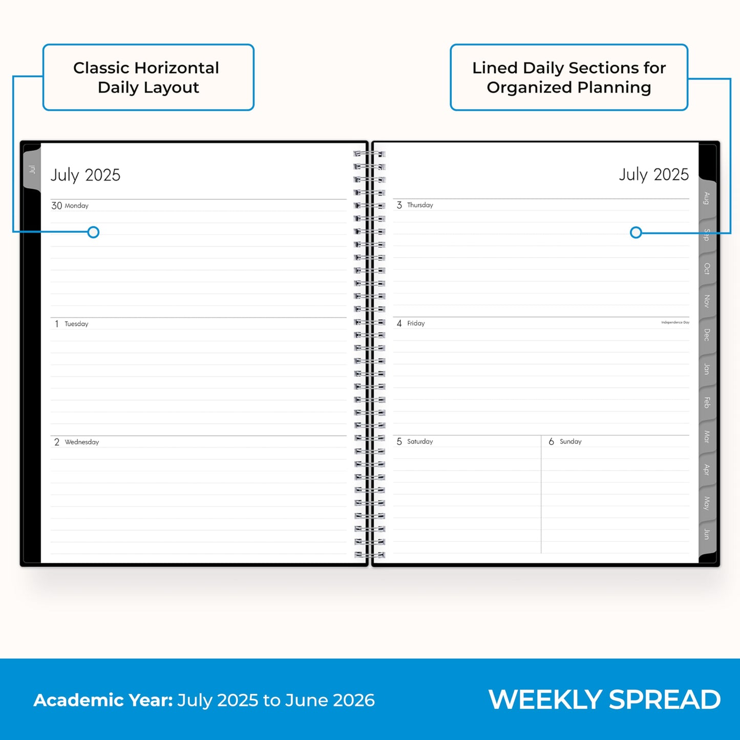 Blue Sky 2025-2026 Weekly and Monthly Academic Year Planner Calendar, July - June, 8.5" x 11", Flexible Cover, Wirebound, Laminated Tabs, Storage Pocket, Enterprise