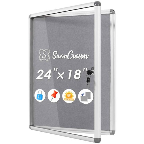 SWANCROWN Enclosed Bulletin Board 24x18 in, Tamperproof Lockable Grey Felt Board Wall Display Case for Office School Home, Aluminum Frame